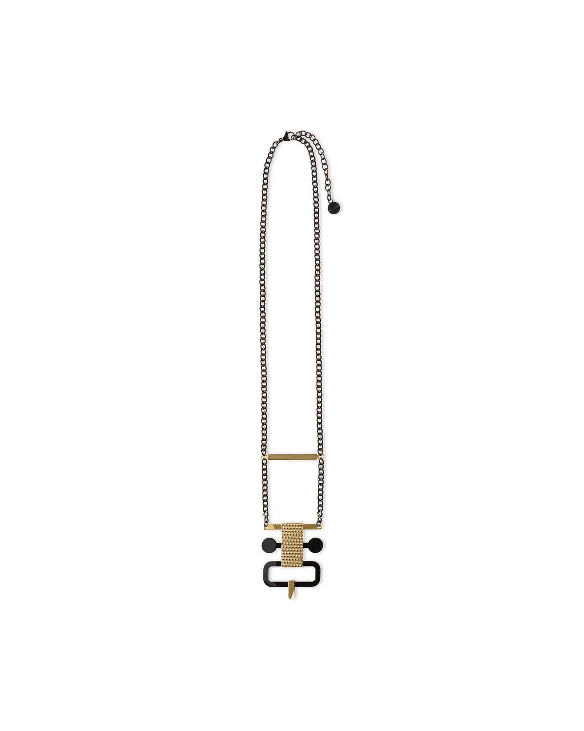 A black chain necklace by Alessi with a gold-toned bar and geometric black and gold pendant.