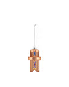 Geometric rose gold Christmas tree ornament by Alessi, with colorful striped patterns, hanging from a silver chain.