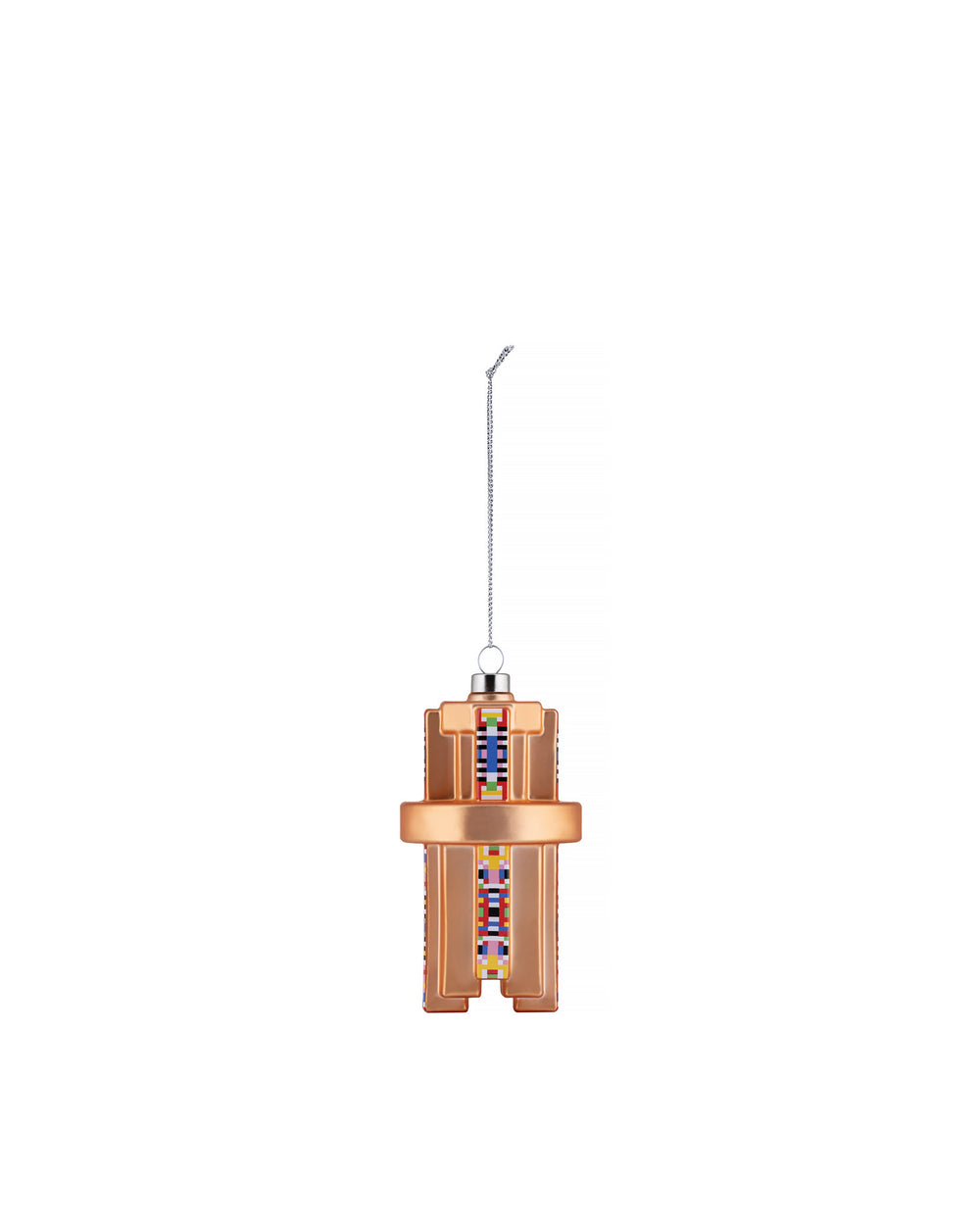 Geometric rose gold Christmas tree ornament by Alessi, with colorful striped patterns, hanging from a silver chain.