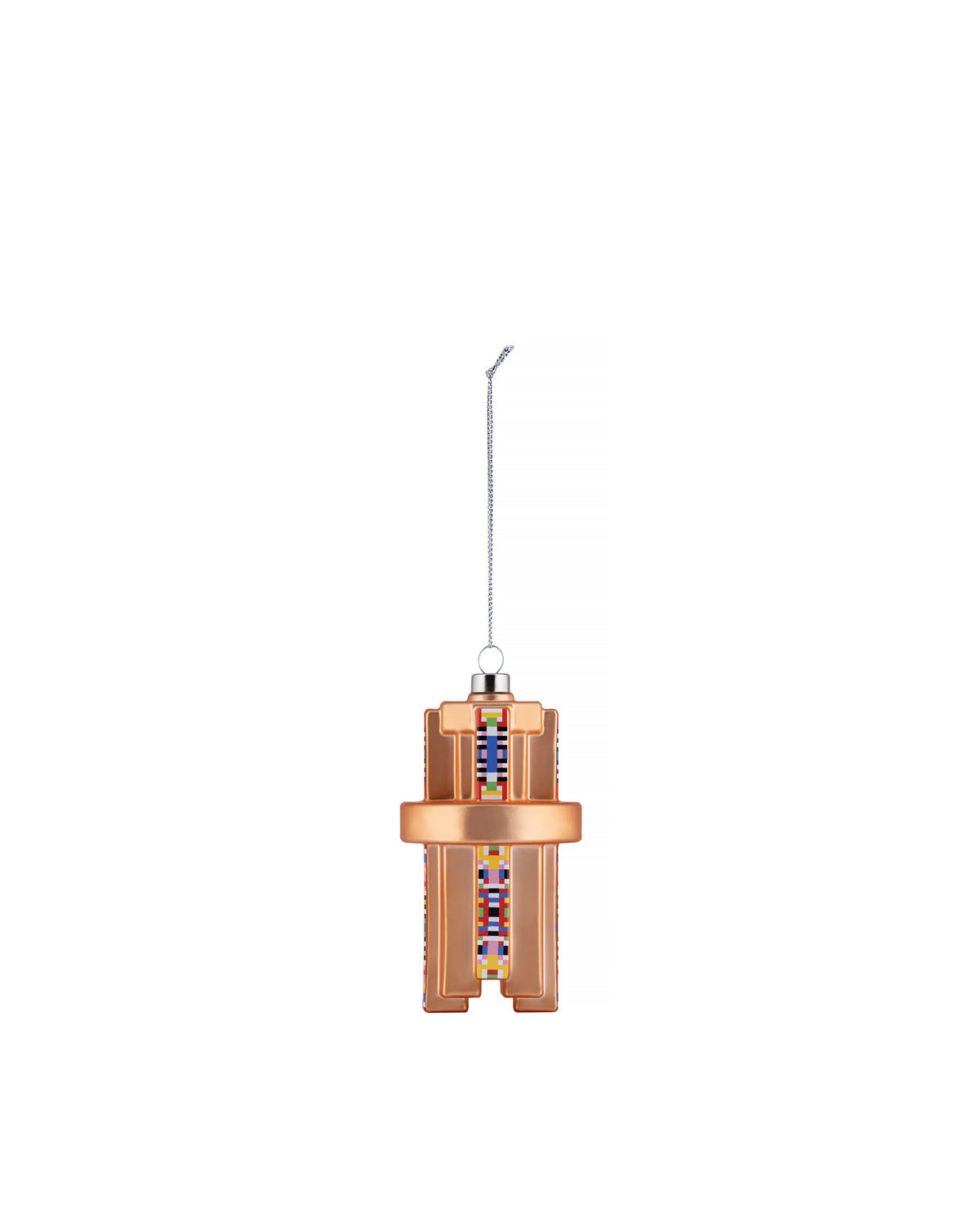 Geometric rose gold Christmas tree ornament by Alessi, with colorful striped patterns, hanging from a silver chain.