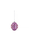 Purple Christmas tree ornament by Alessi, with faceted design and colorful fractal patterns, hanging from a silver string.