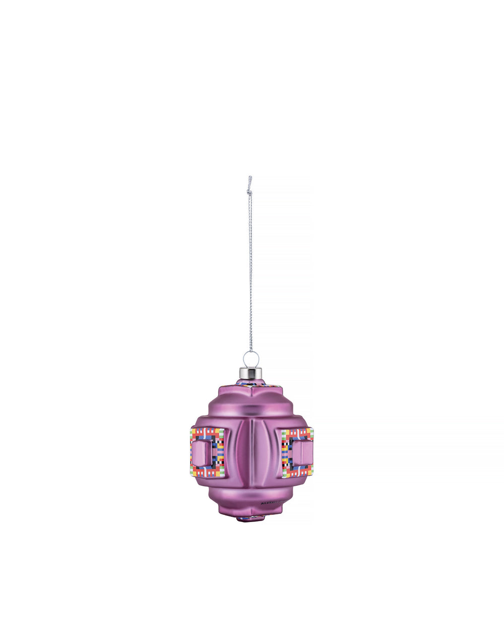 Purple Christmas tree ornament by Alessi, with faceted design and colorful fractal patterns, hanging from a silver string.