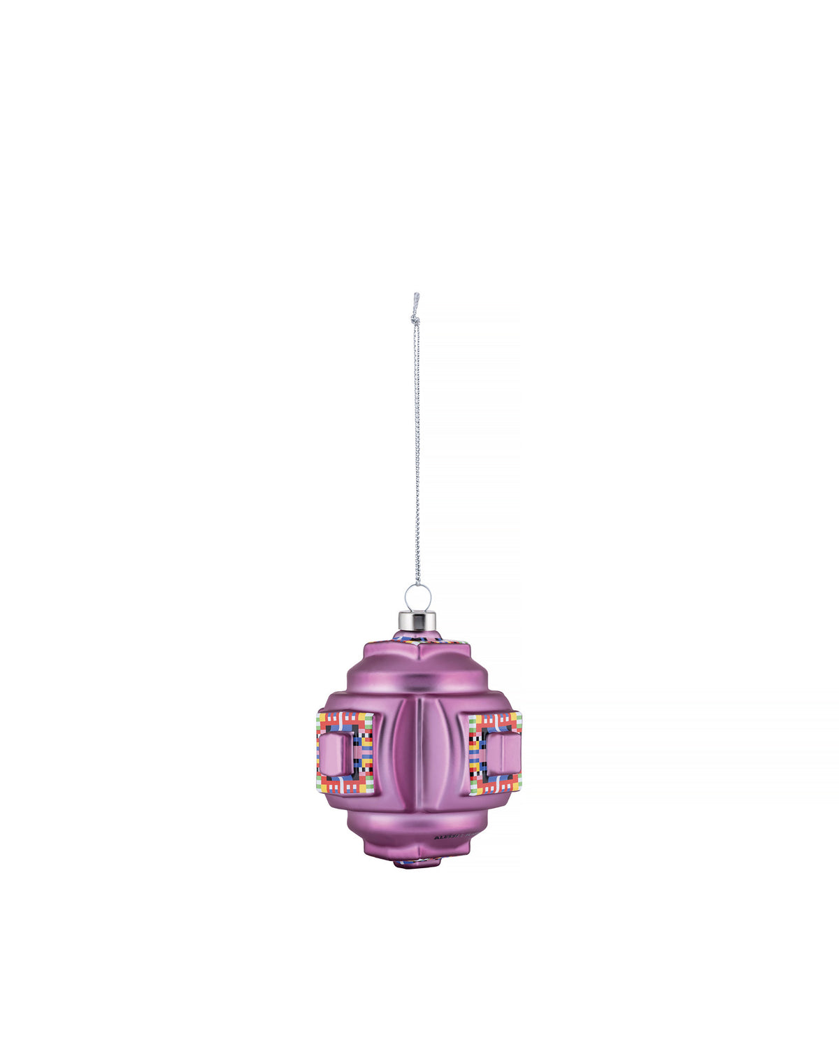 Purple Christmas tree ornament by Alessi, with faceted design and colorful fractal patterns, hanging from a silver string.