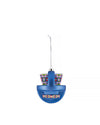 Blue Christmas tree ornament by Alessi, featuring a multi-color pixelated pattern and hanging from a silver chain.
