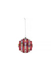 Red geometric Christmas tree ornament by Alessi with colorful pixelated patterns, hanging from a silver chain.