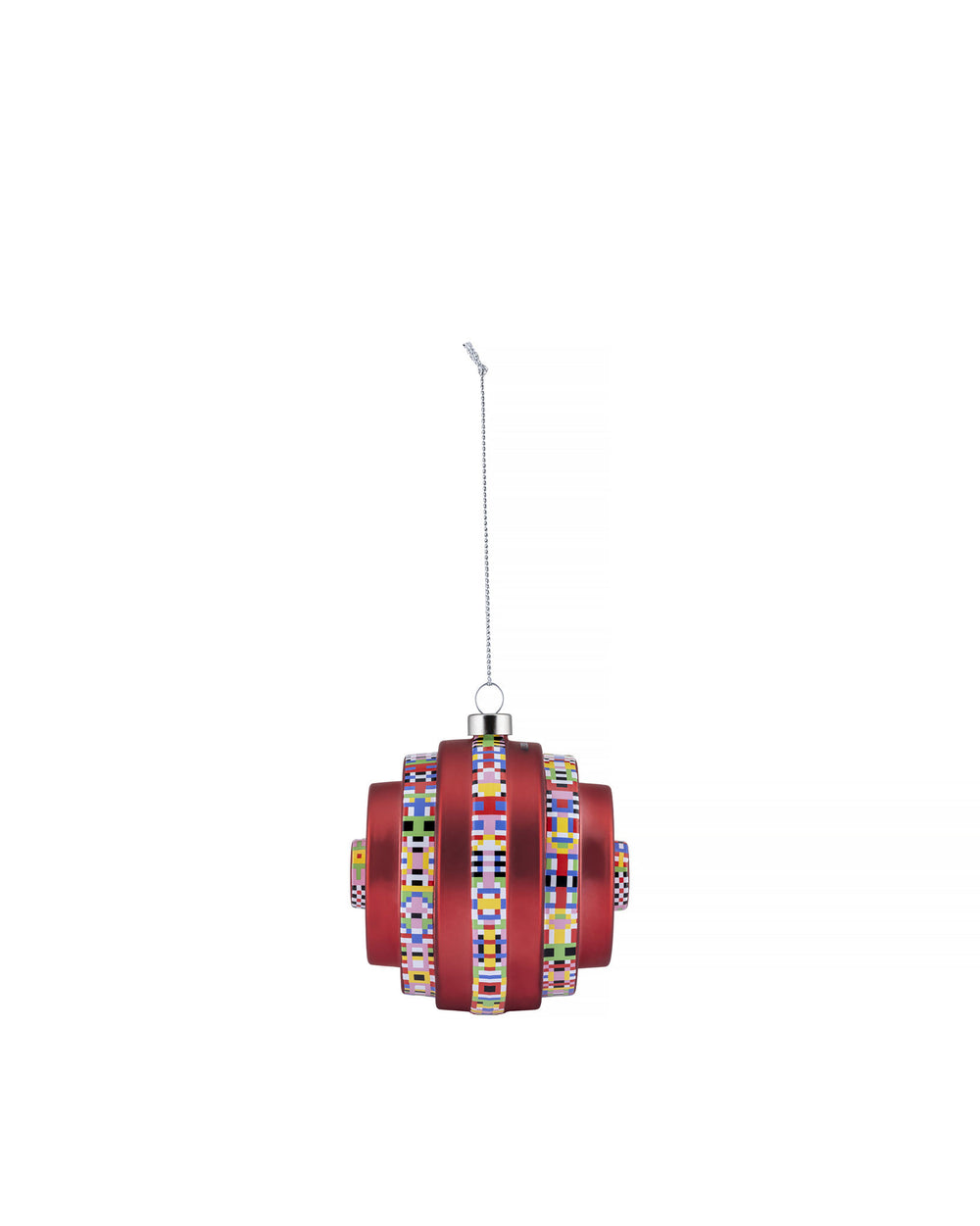 Red geometric Christmas tree ornament by Alessi with colorful pixelated patterns, hanging from a silver chain.