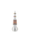 Silver conical Christmas tree ornament by Alessi, featuring colorful geometric pixelated bands and a tiered base.