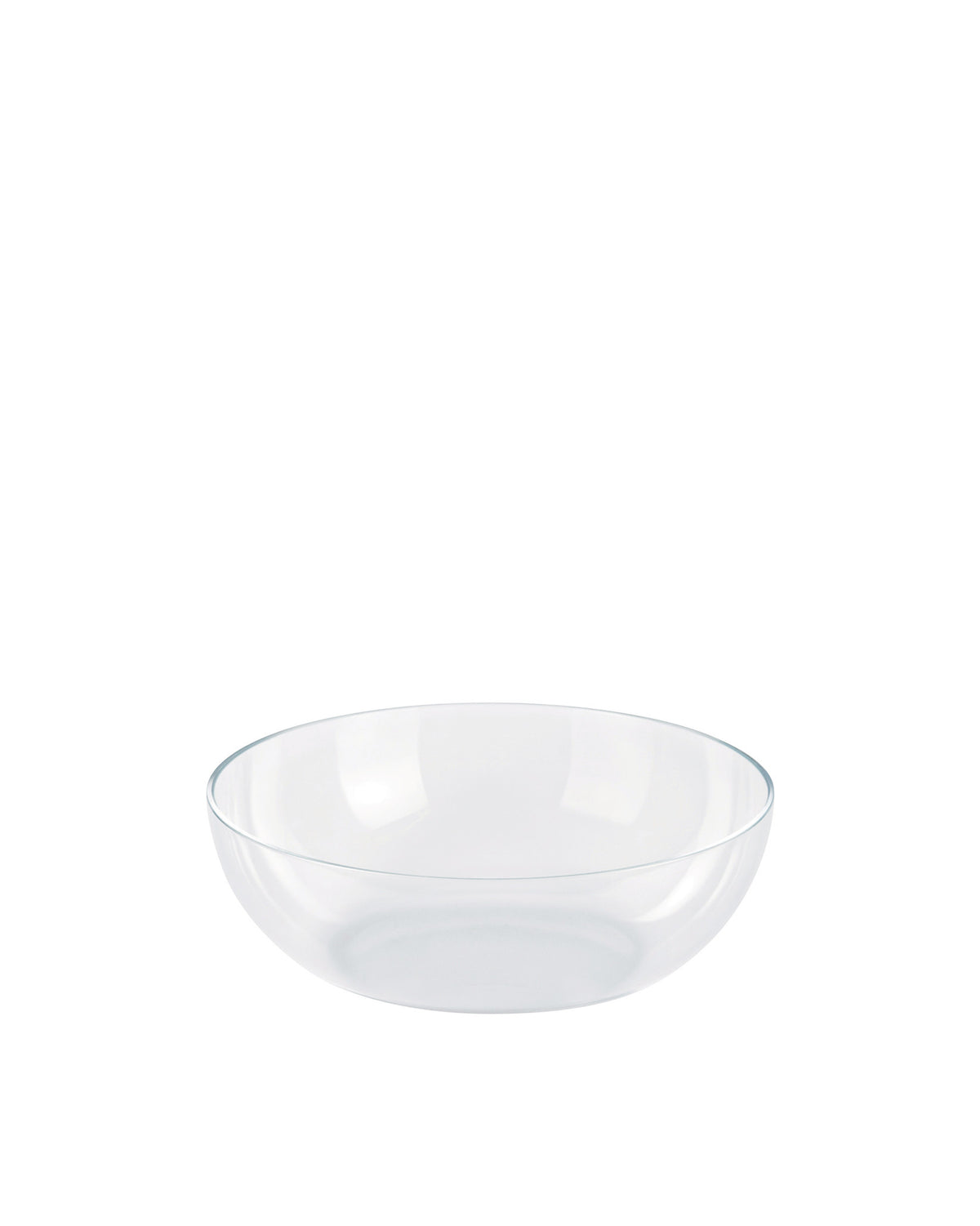 Clear glass bowl by Alessi with a simple round design.
