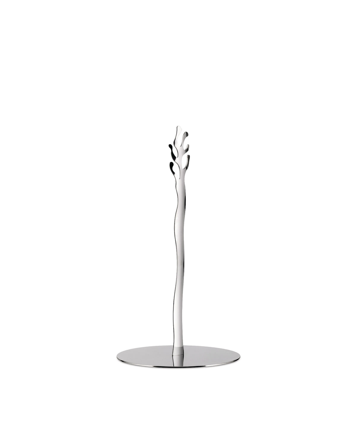Silver sculptural metal stand by Alessi with an organic branch-like top and flat round base.