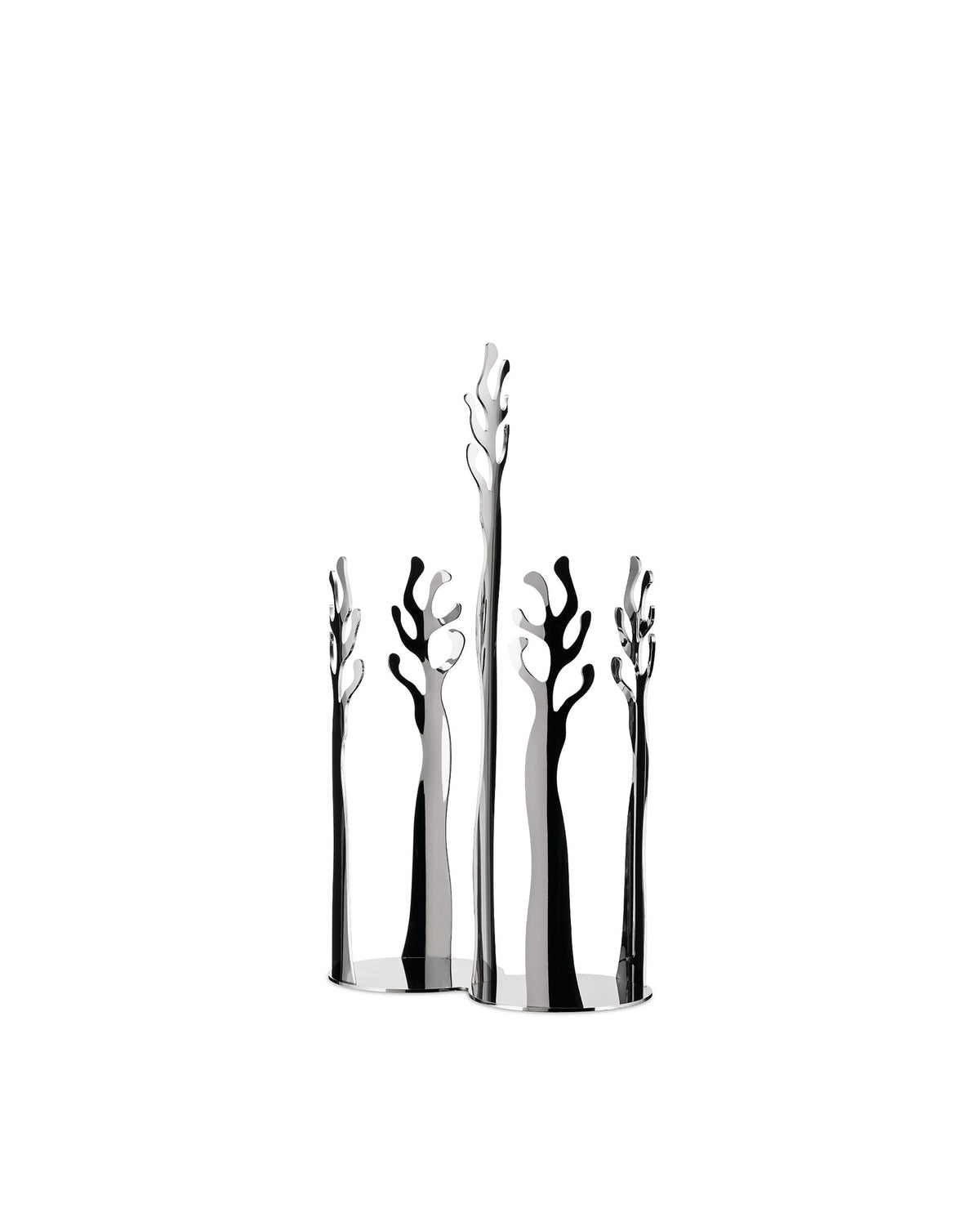 Silver-toned sculptural centerpiece by Alessi, featuring five abstract, coral-like forms with a highly reflective finish.