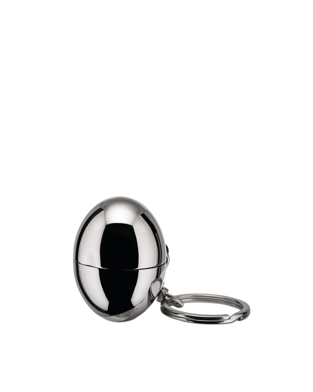 Polished chrome spherical keychain container by Alessi, with a split ring, shown from a side view.