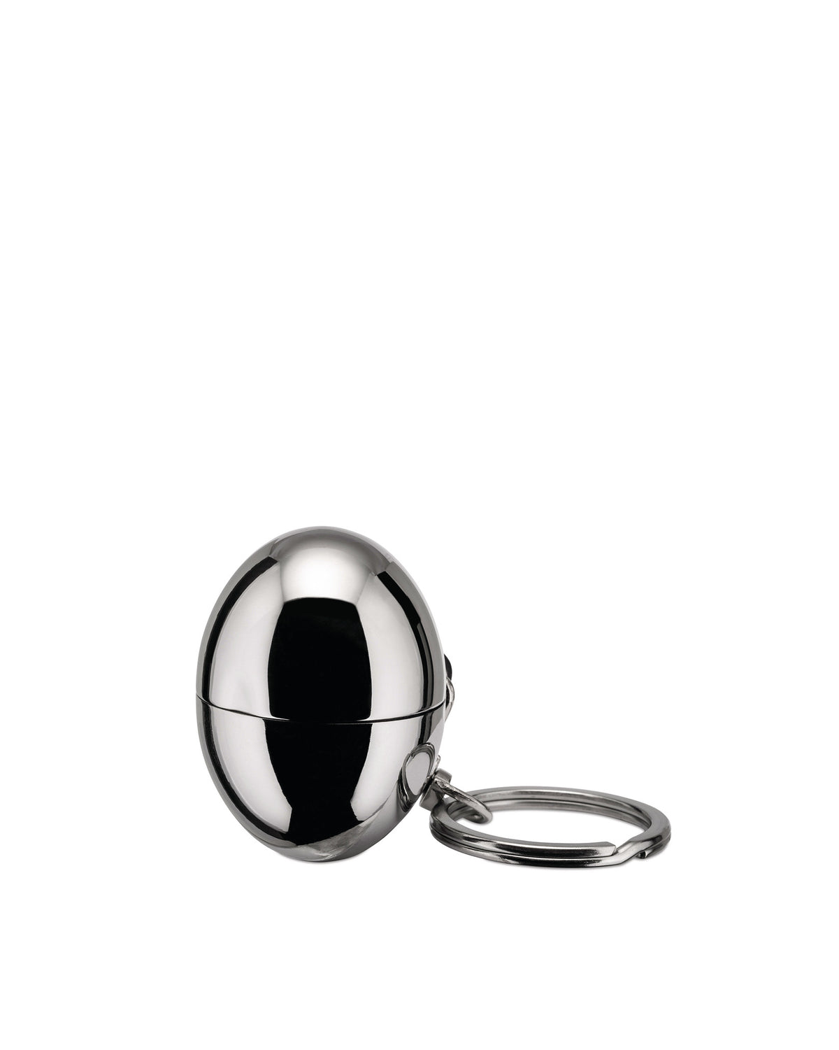 Polished chrome spherical keychain container by Alessi, with a split ring, shown from a side view.