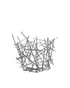 Silver metallic fruit bowl by Alessi with an openwork design of criss-crossing rods.