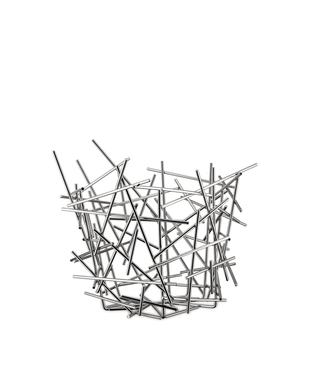 Silver metallic fruit bowl by Alessi with an openwork design of criss-crossing rods.