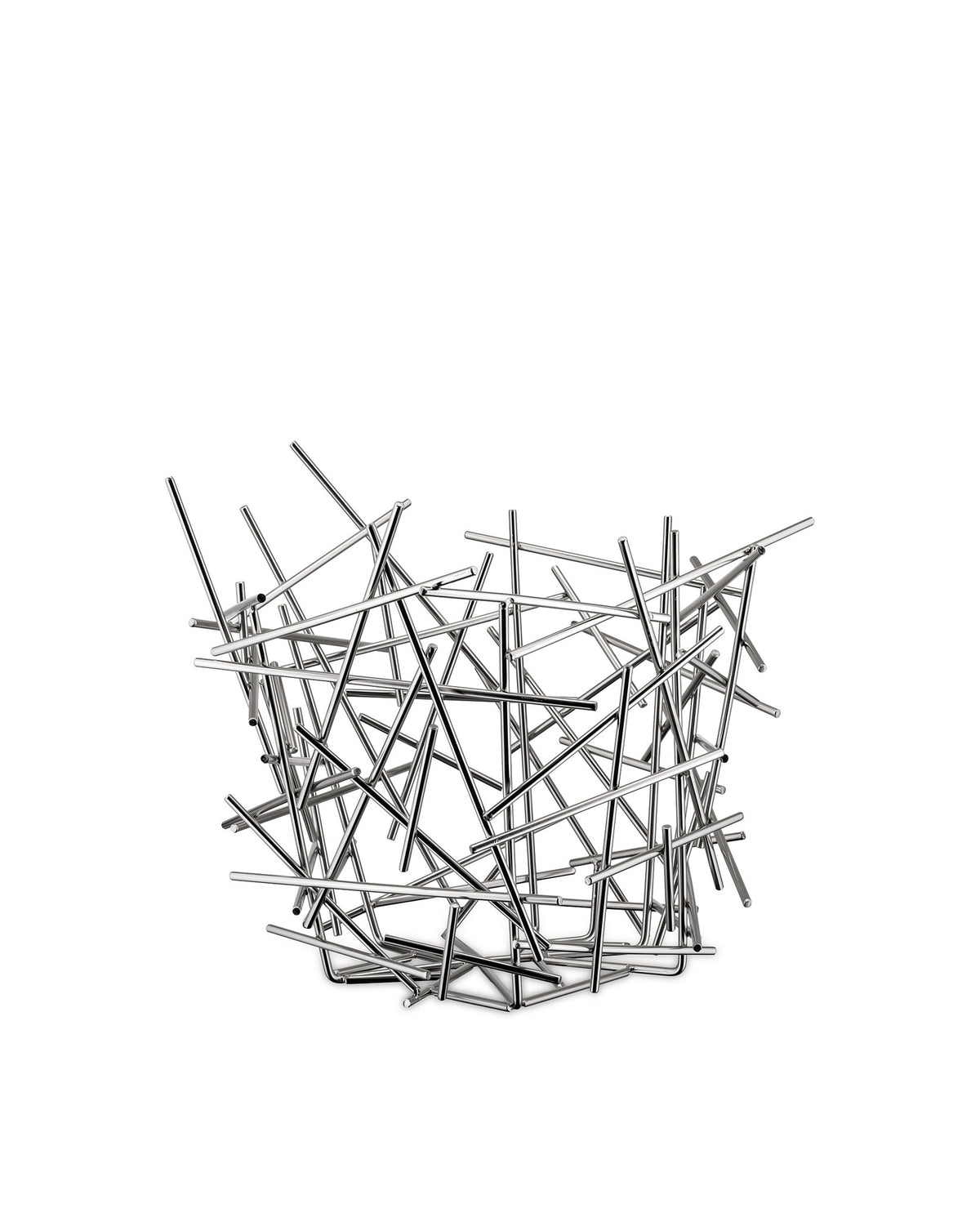 Silver metallic fruit bowl by Alessi with an openwork design of criss-crossing rods.