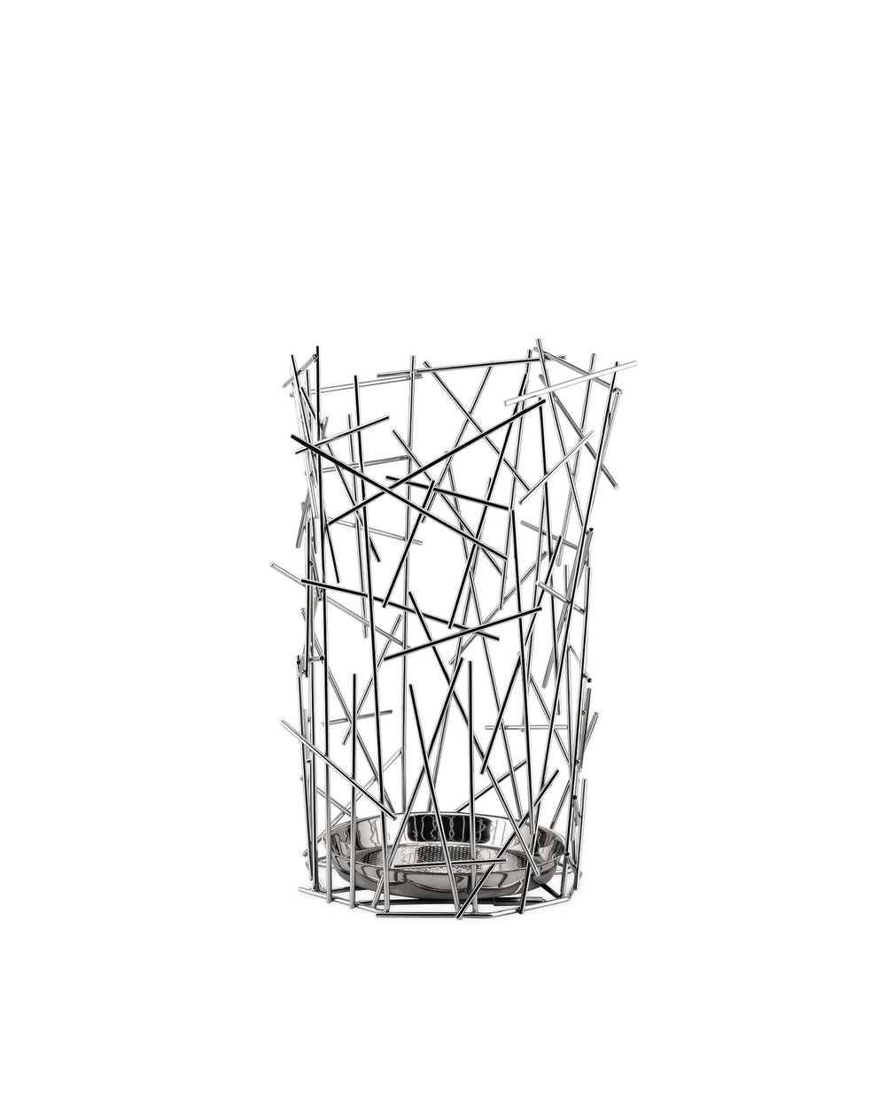 Silver metal basket by Alessi, formed from randomly intersecting rods with a perforated round base.