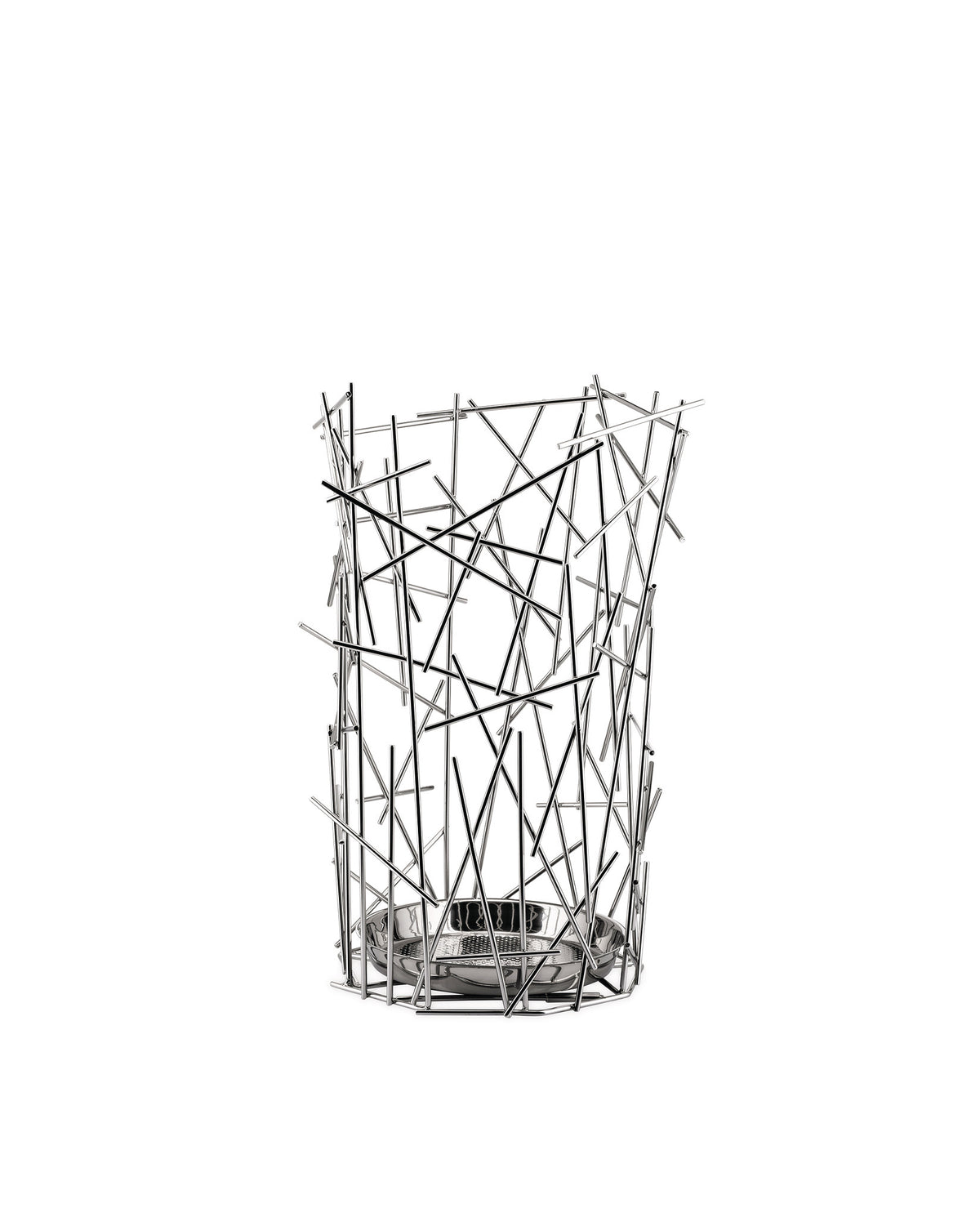 Silver metal basket by Alessi, formed from randomly intersecting rods with a perforated round base.