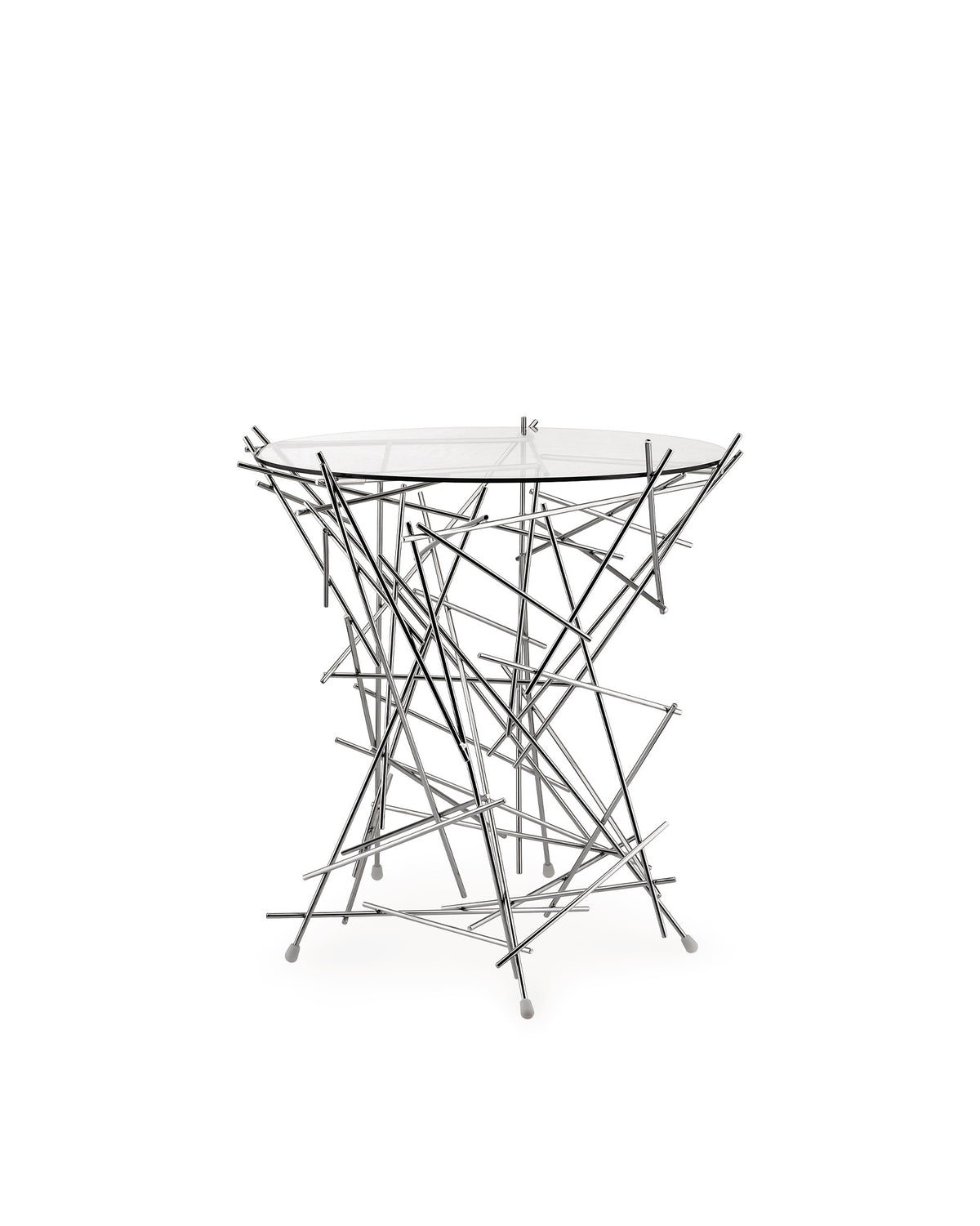 Chrome-plated steel and glass side table by Alessi, featuring an abstract 'blow up' stick design base.