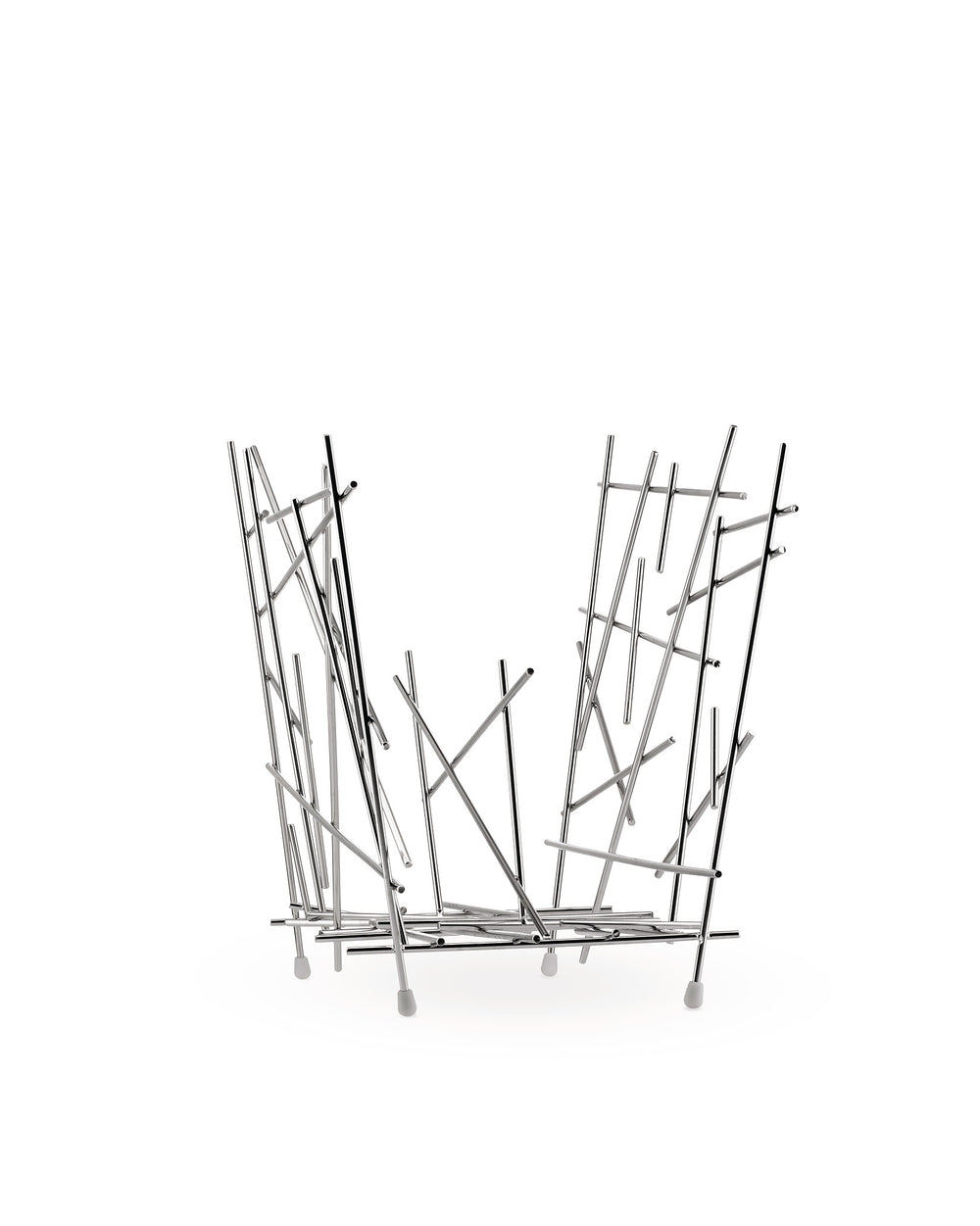 Silver metal fruit basket by Alessi, composed of scattered thin rods creating an abstract open design.