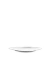 Modern white plate by Alessi, featuring a sleek, gently curved design, presented at a low angle.