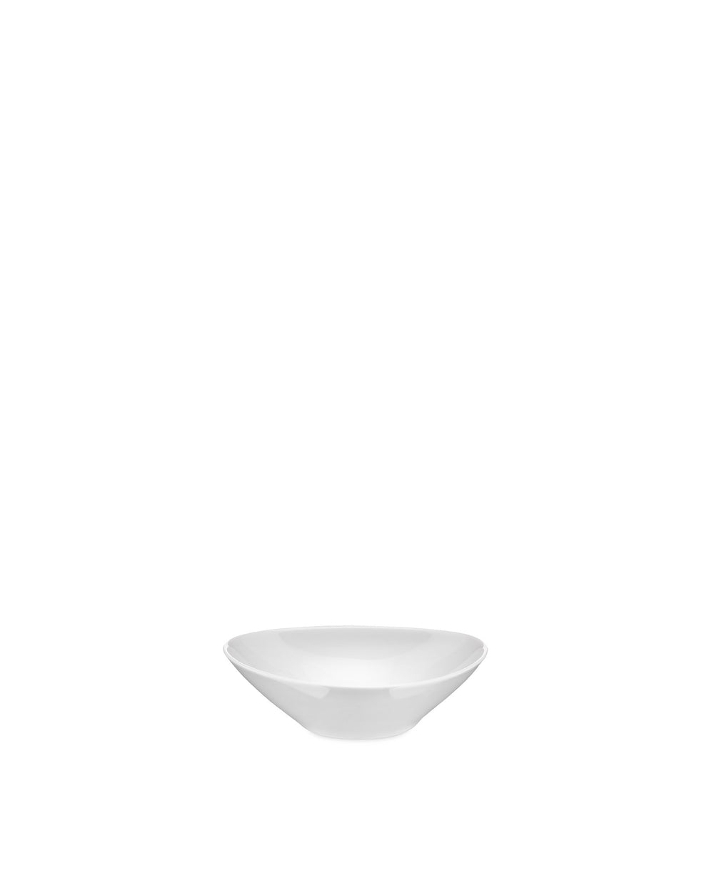 White dinner bowl by Alessi, from the Colombina collection, featuring a smooth, gently curved, oval shape.