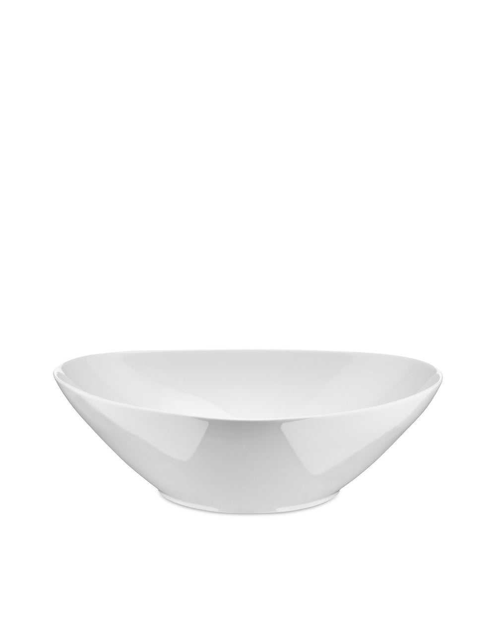 White glossy oval-shaped bowl by Alessi, with a modern, smooth design, shown in a side view.