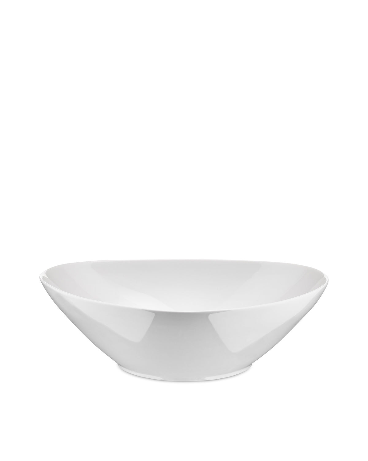 White glossy oval-shaped bowl by Alessi, with a modern, smooth design, shown in a side view.