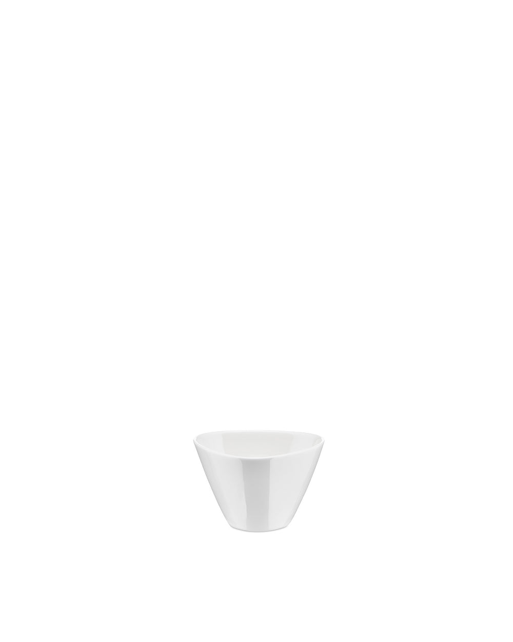 Small white porcelain bowl by Alessi with a distinctive conical, triangular shape.