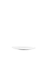 White oval shallow plate by Alessi, shown from a slight side angle.