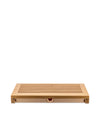 Bamboo chopping board by Alessi with a slatted top and integrated crumb tray, presented from a straight-on view.