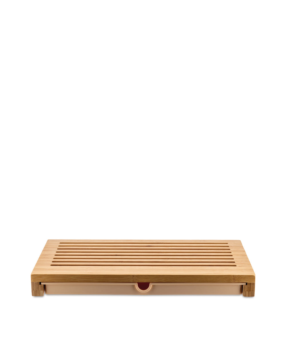Bamboo chopping board by Alessi with a slatted top and integrated crumb tray, presented from a straight-on view.