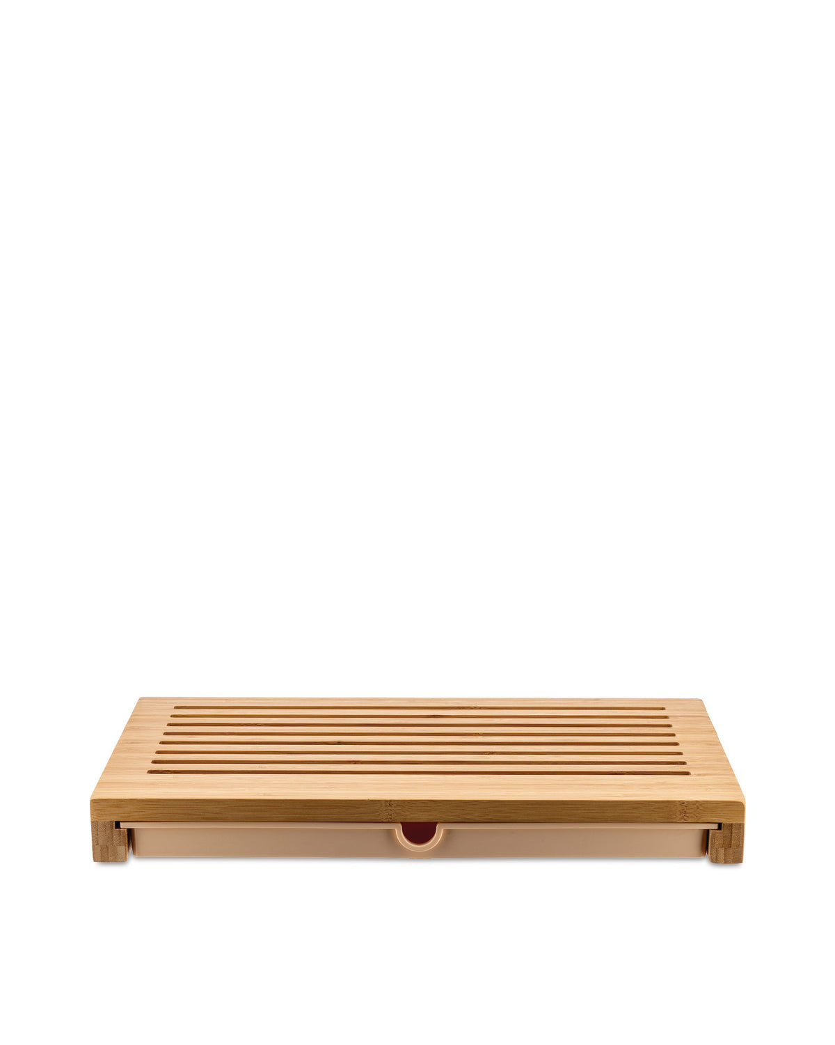 Bamboo chopping board by Alessi with a slatted top and integrated crumb tray, presented from a straight-on view.
