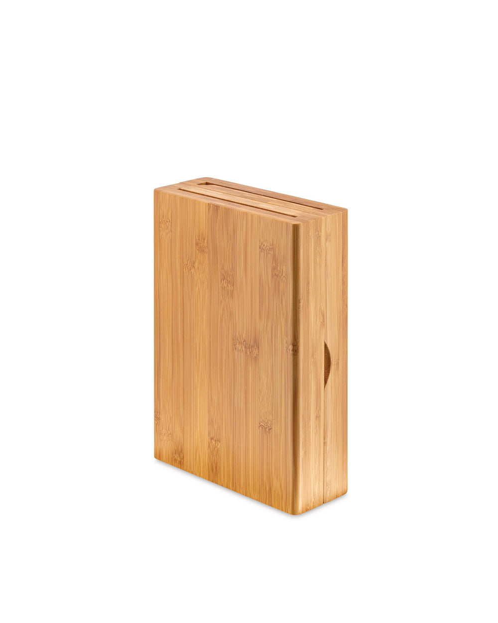 Light brown bamboo knife block by Alessi, with multiple top knife slots and a curved side handle.