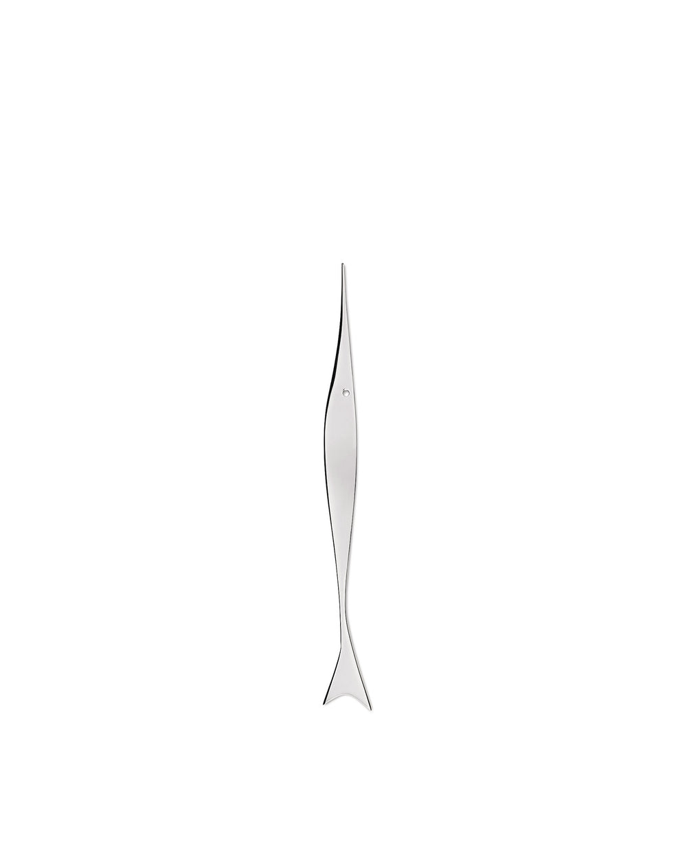 Sleek silver fish-shaped Pes by Alessi, with a modern design and small circular detail.