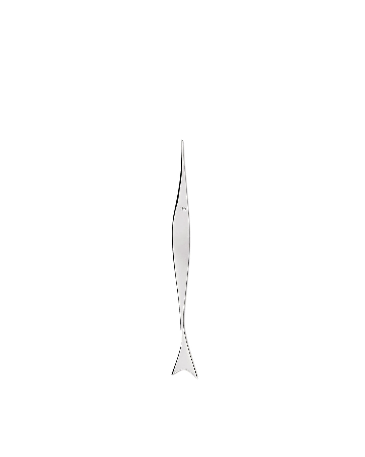 Sleek silver fish-shaped Pes by Alessi, with a modern design and small circular detail.