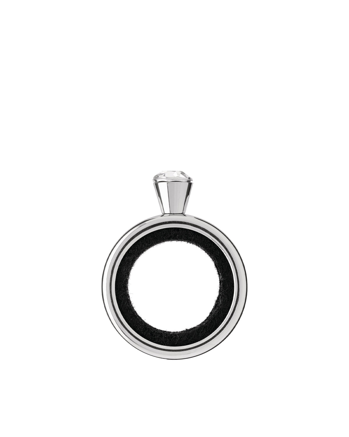 Silver-toned metal wine bottle drip ring by Alessi with black textured interior and clear faceted crystal top.