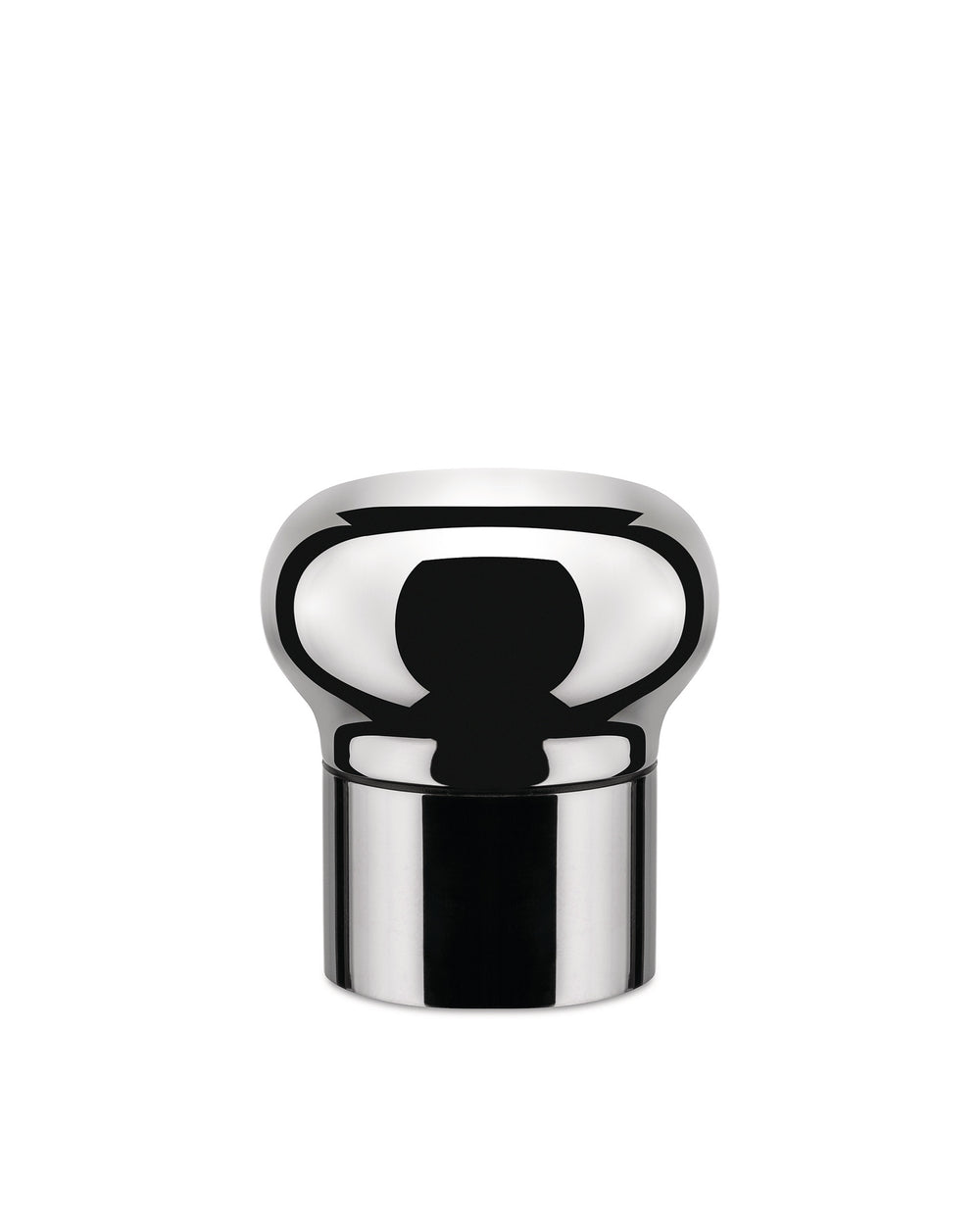 Chrome bottle stopper by Alessi with a sleek, polished finish and an abstract, reflective top design.