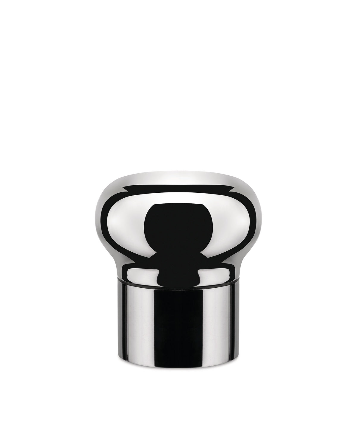 Chrome bottle stopper by Alessi with a sleek, polished finish and an abstract, reflective top design.