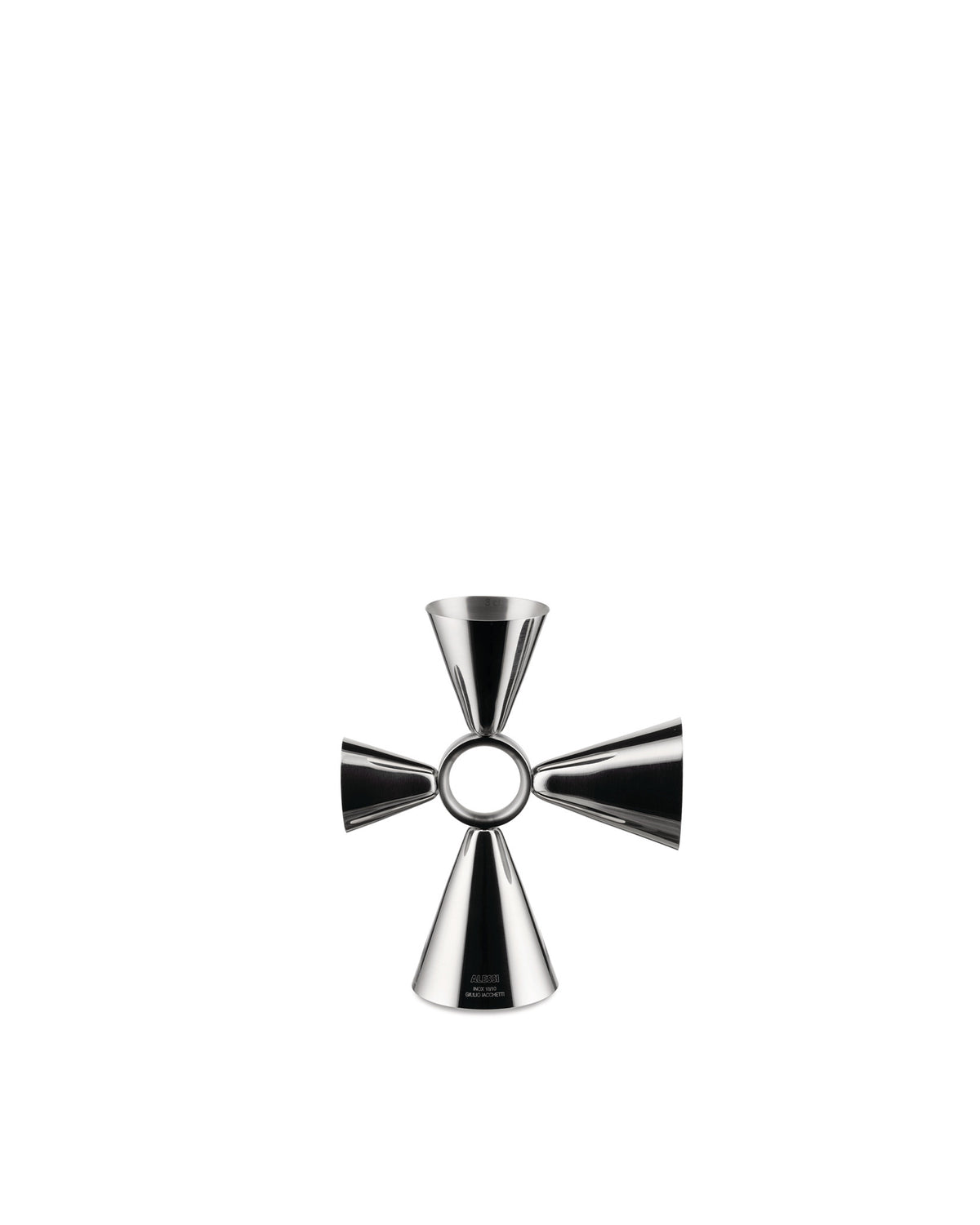 The tending box by Alessi, a shiny silver multi-measure jigger with four conical cups arranged in a cross shape.