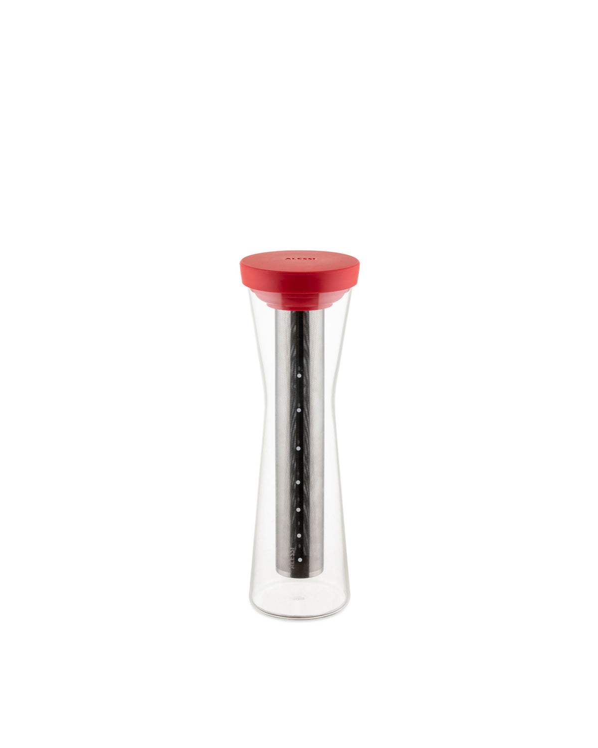 A sleek clear glass pitcher by Alessi with a red lid and an internal perforated metal infuser.