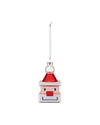 A blocky Santa Claus ornament in red and white by Alessi, with a conical hat and pixelated face, hanging from a chain.