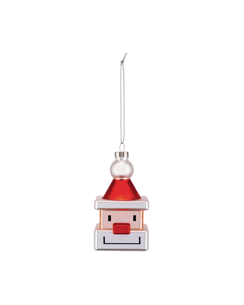 A blocky Santa Claus ornament in red and white by Alessi, with a conical hat and pixelated face, hanging from a chain.