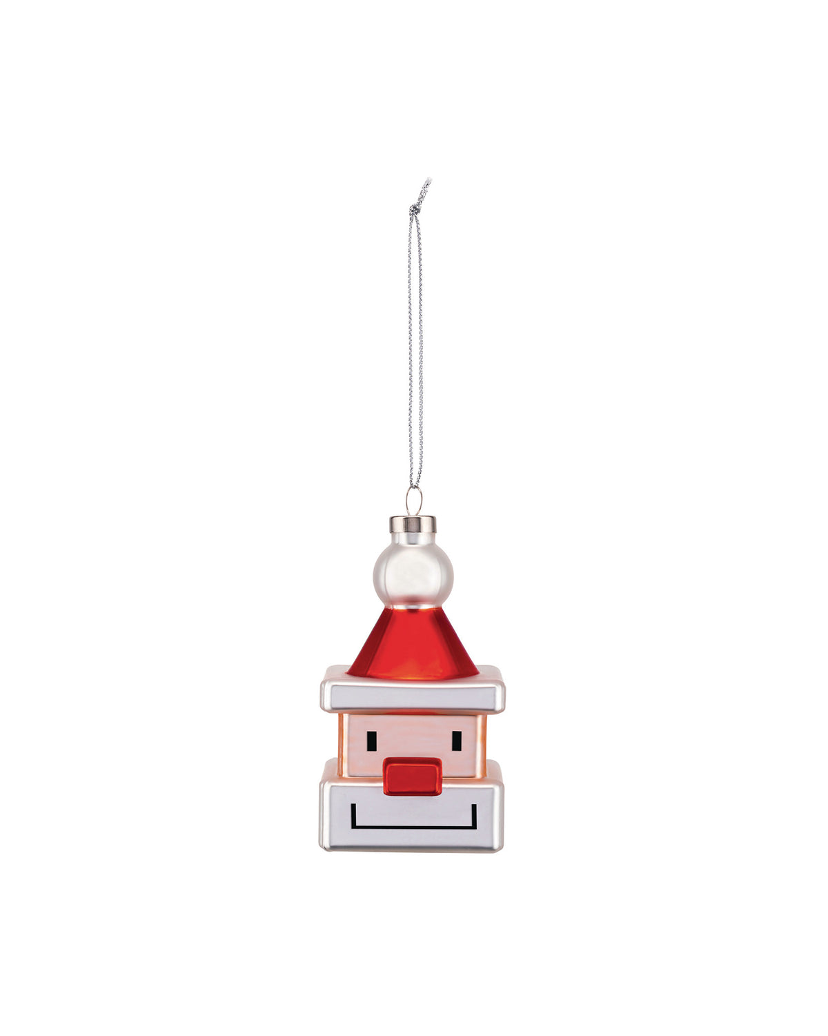 A blocky Santa Claus ornament in red and white by Alessi, with a conical hat and pixelated face, hanging from a chain.