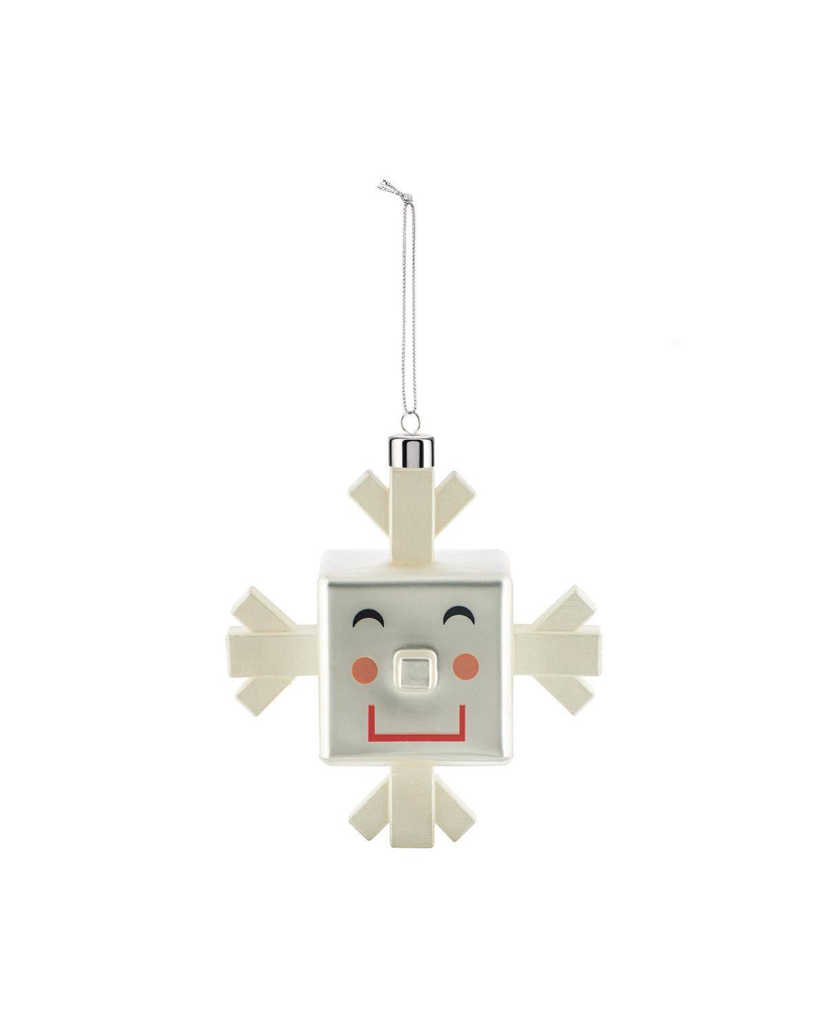 Square silver Snowray Christmas ornament by Alessi, with beige snowflake arms and a smiling face.