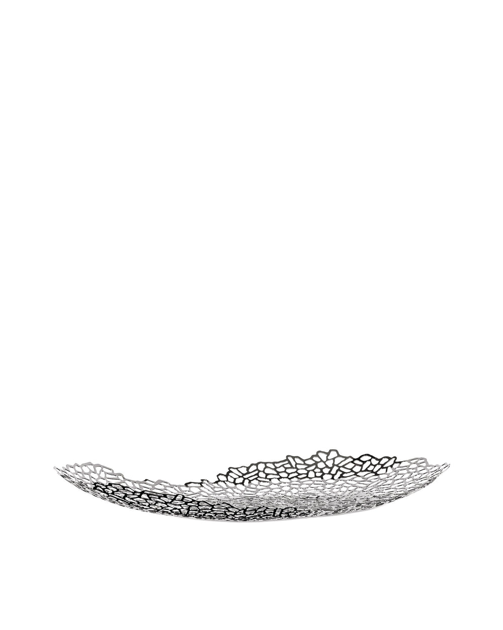 Silver metal Opus centrepiece bowl by Alessi with a distinctive perforated organic design.
