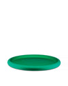 Matte green round Discolo tray by Alessi, with a shallow flat base and raised rim, on a white background.