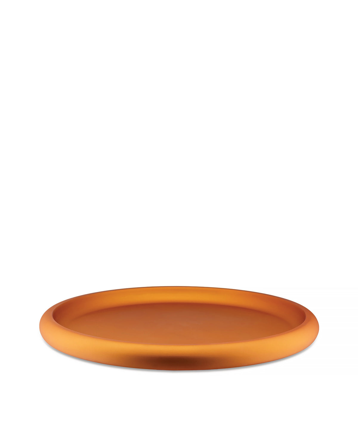 Burnt orange round tray by Alessi with a matte finish and shallow rim.
