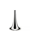 Silver trumpet vase by Alessi with a sleek, highly reflective finish and flared base.
