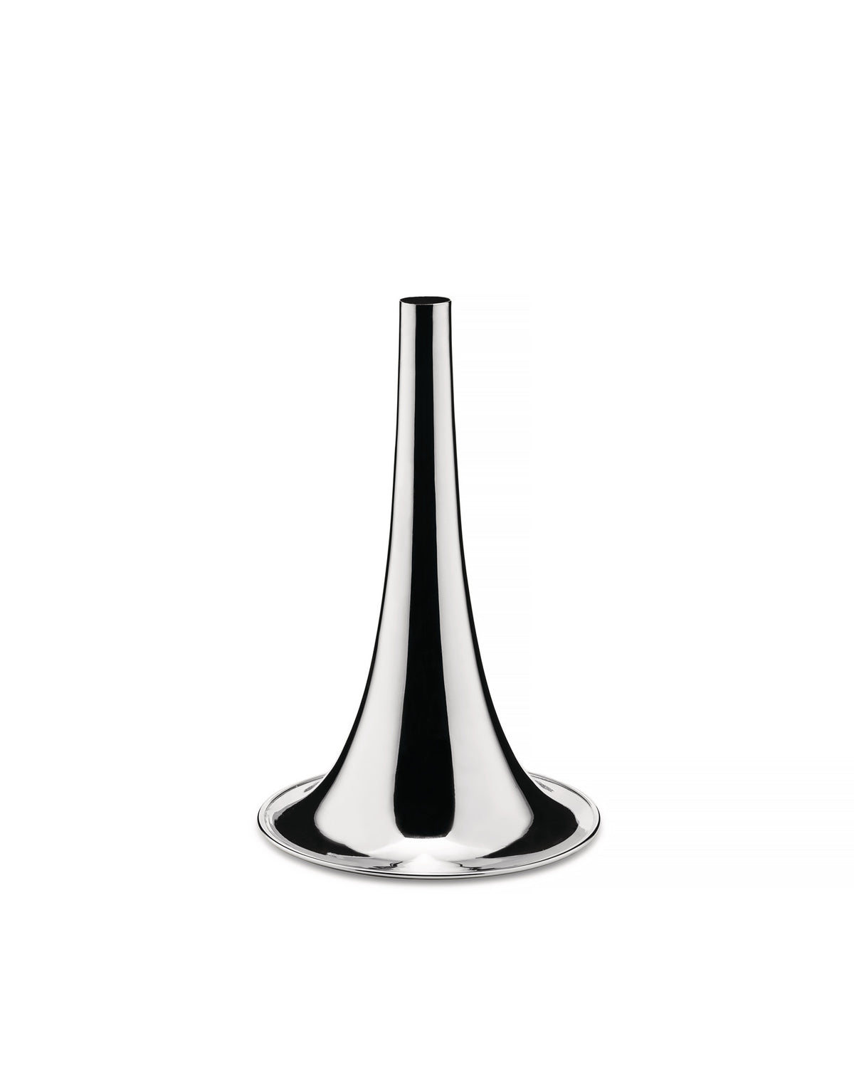 Silver trumpet vase by Alessi with a sleek, highly reflective finish and flared base.