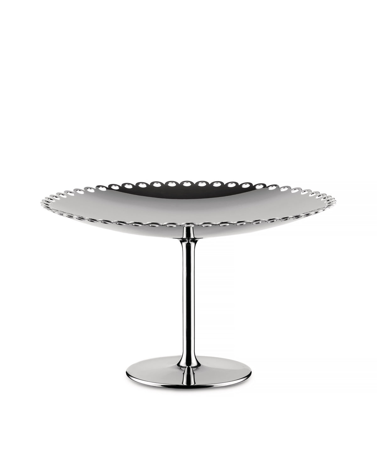 Silver polished metal fruit stand by Alessi, with a distinctive scalloped edge and sleek base.